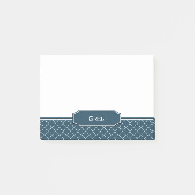 Navy Blue Leather Look White Quatrefoil Monogram Post-it Notes (Front)
