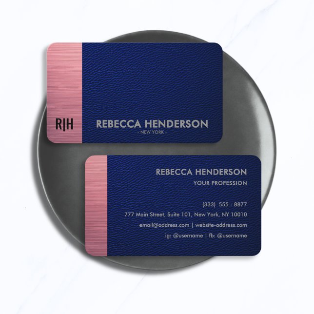 Navy Blue Leather & Metallic Pink Panel Monogram Business Card (Creator Uploaded)