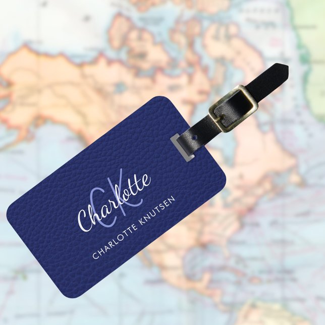 Navy blue leather white monogram name luggage tag (Creator Uploaded)