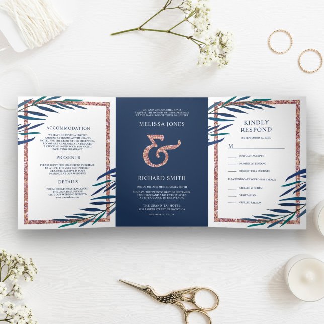 Navy Blue Leaves Branch Rose Gold Glitter Wedding Tri-Fold Invitation (Creator Uploaded)