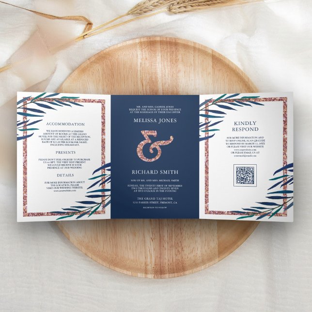 Navy Blue Leaves Branch Rose Gold QR Code Wedding Tri-Fold Invitation (Creator Uploaded)