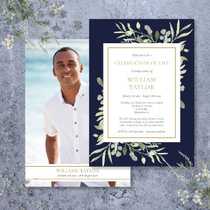 Navy Blue Leaves Funeral Celebration of Life Photo Invitation