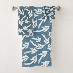 Navy blue leaves, modern floral design throw pill bath towel set