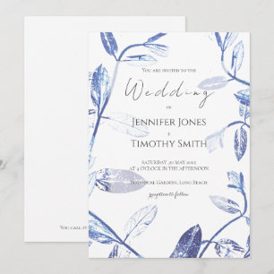 Navy blue leaves nature wedding  invitation