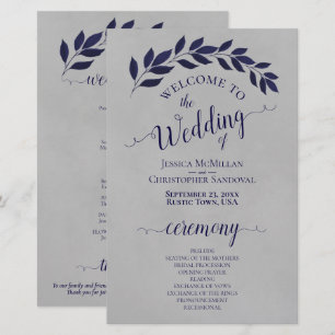 Navy Blue Leaves on Grey Budget Wedding Program