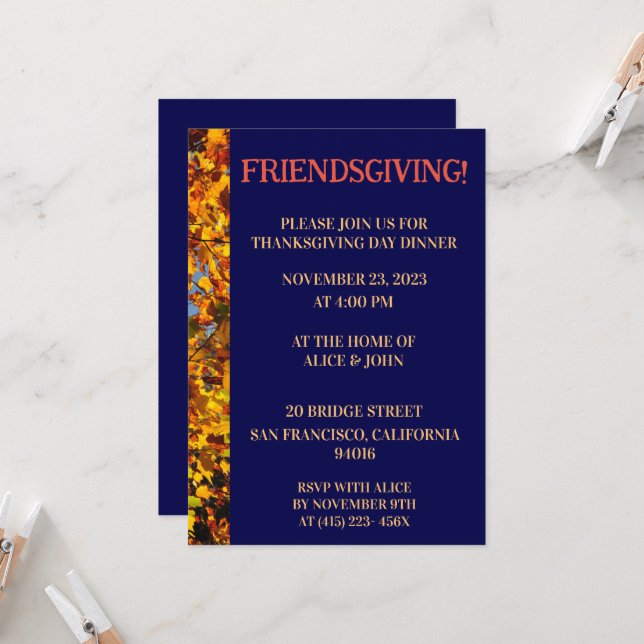 Navy Blue & Leaves Thanksgiving Friends Giving  Invitation (Front/Back In Situ)