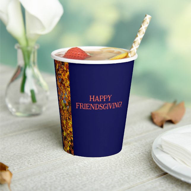Navy Blue & Leaves Thanksgiving Friendsgiving  Paper Cups (Insitu)