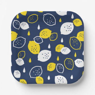 Navy Blue Lemon Art – Refreshing Citrus Design Paper Plate