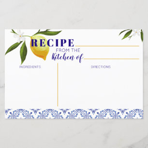 Navy Blue & Lemon Bridal Shower Recipe card