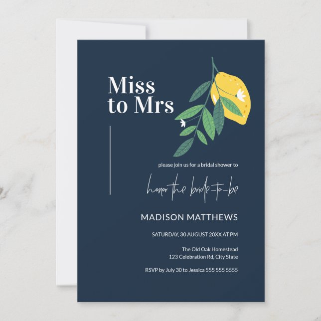 Navy Blue Lemon Citrus Summer Bridal Shower  Invitation (Front)