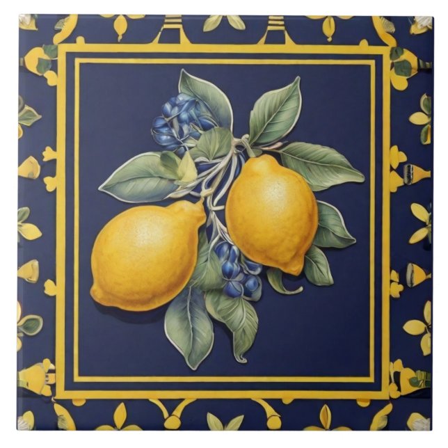 Navy Blue Lemons & Black Olives Mediterranean Tile (Front)