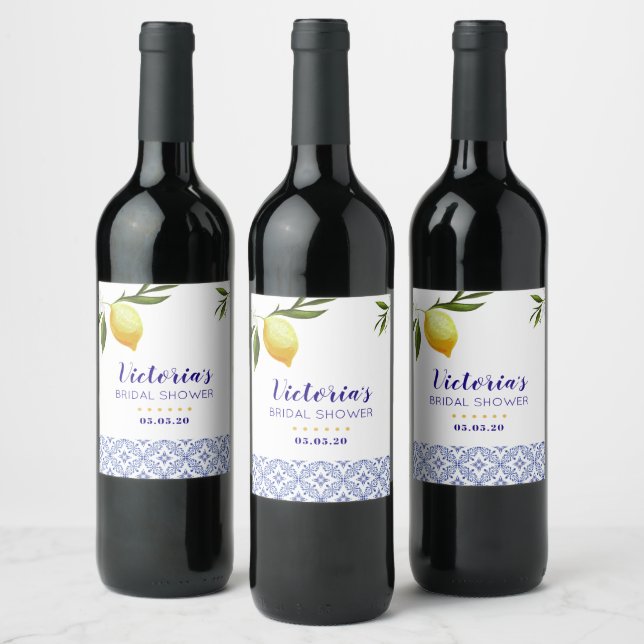 Navy Blue & Lemons bridal shower favour Wine Label (Bottles)