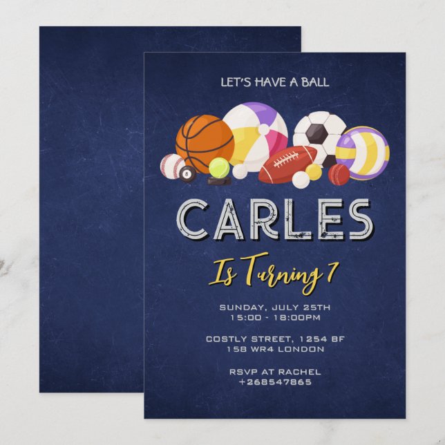 Navy Blue Let’s Have a Ball Sports Birthday Invitation (Front/Back)