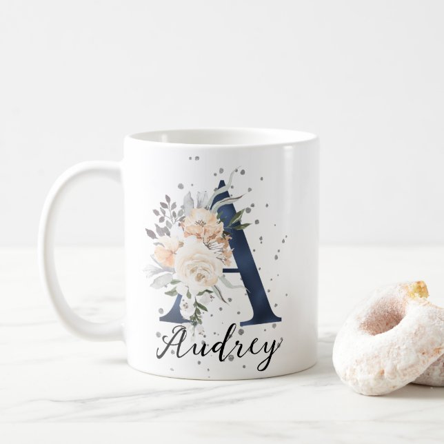 Navy Blue Letter A Peach Cream Floral Monogram  Coffee Mug (With Donut)