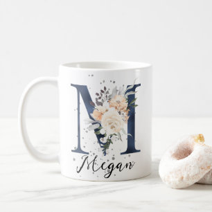 Navy Blue Letter M Peach Cream Floral Monogram  Coffee Mug