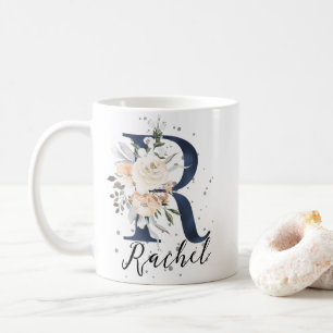 Navy Blue Letter R Peach Cream Floral Monogram Coffee Mug