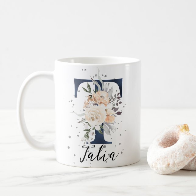 Navy Blue Letter T Peach Cream Floral Monogram  Coffee Mug (With Donut)