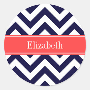 Navy Blue Lg Chevron Coral Red Name Monogram Classic Round Sticker
