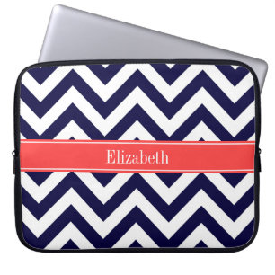 Navy Blue Lg Chevron Coral Red Name Monogram Laptop Sleeve