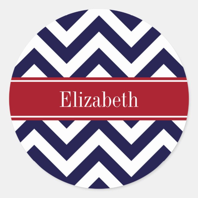 Navy Blue Lg Chevron Cranberry Name Monogram Classic Round Sticker (Front)