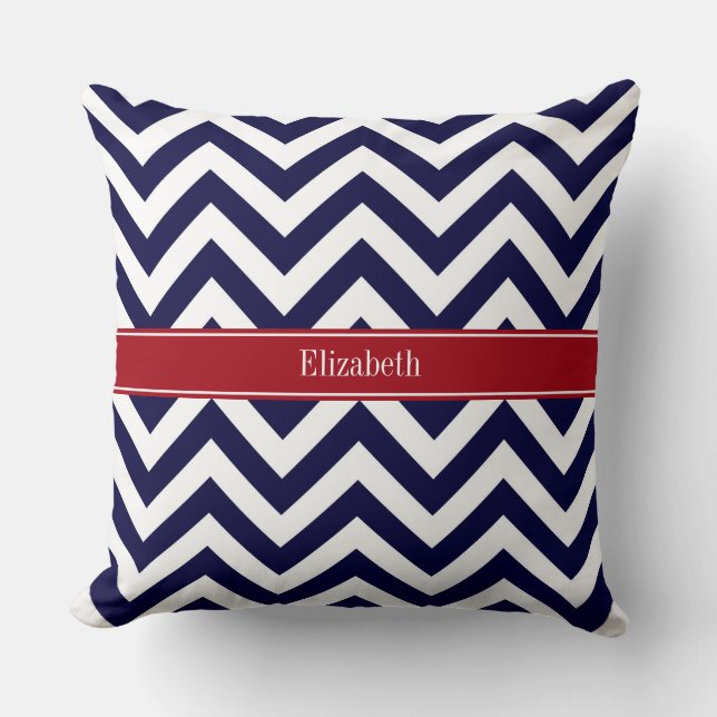 Navy Blue Lg Chevron Cranberry Name Monogram Cushion (Front)