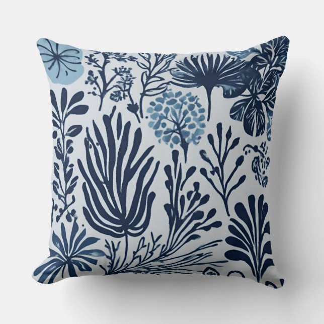Navy Blue Light Blue Botanical Design Cushion (Front)