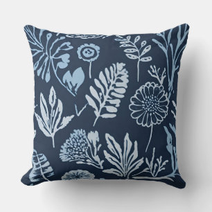 Navy Blue Light Blue Botanical Floral Cushion
