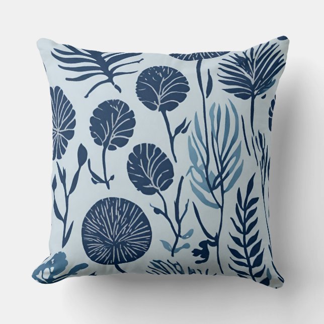 Navy Blue Light Blue Botanical Floral Print Cushion (Front)