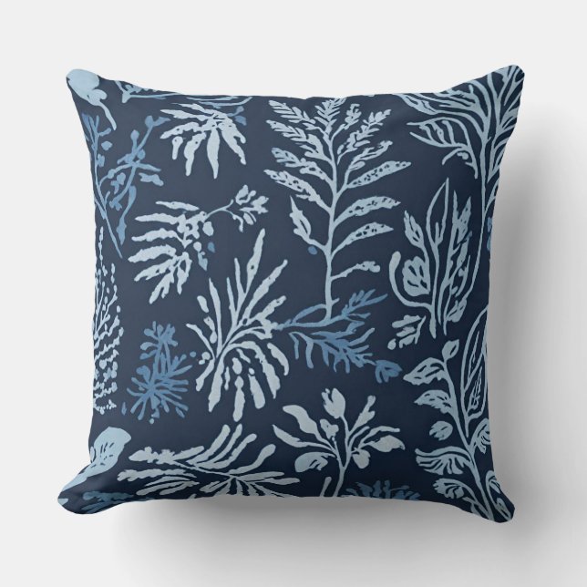 Navy Blue Light Blue Botanical Print Cushion (Front)