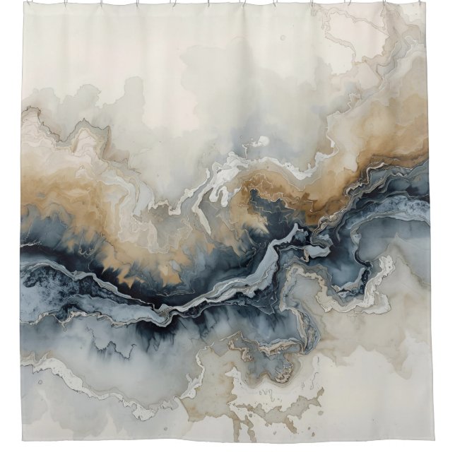 Navy Blue Light Blue Brown Grey Modern Abstract Shower Curtain (Front)