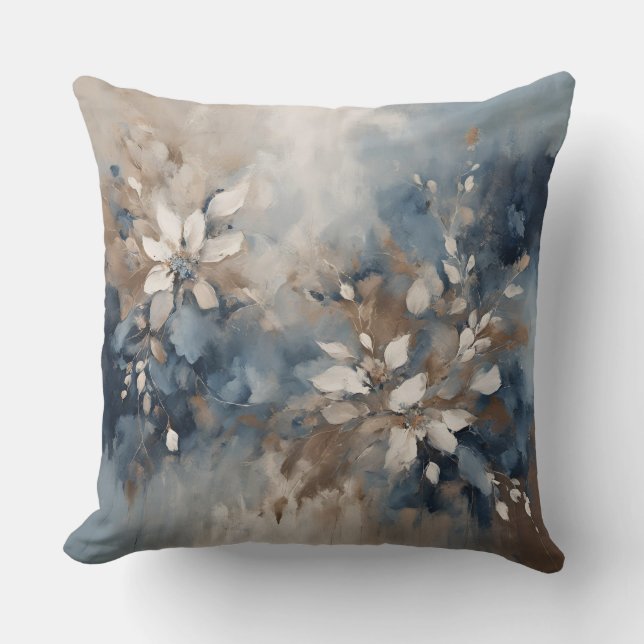 Navy Blue Light Blue Brown Modern Floral Cushion (Front)