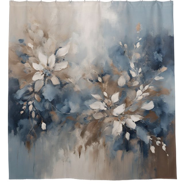 Navy Blue Light Blue Brown Modern Floral Shower Curtain (Front)