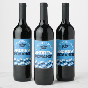 Navy Blue & Light Blue Graduation Cap Personalised Wine Label