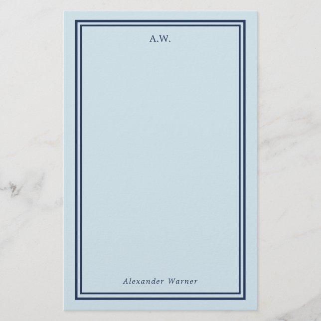 Navy Blue Light Blue Monogrammed Stationery (Front)