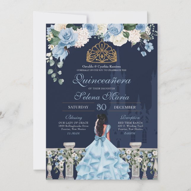 Navy Blue Light Blue Roses Princess Quinceañera Invitation (Front)