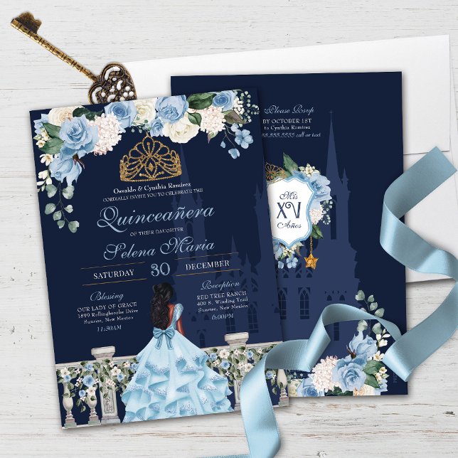 Navy Blue Light Blue Roses Princess Quinceañera Invitation (Creator Uploaded)