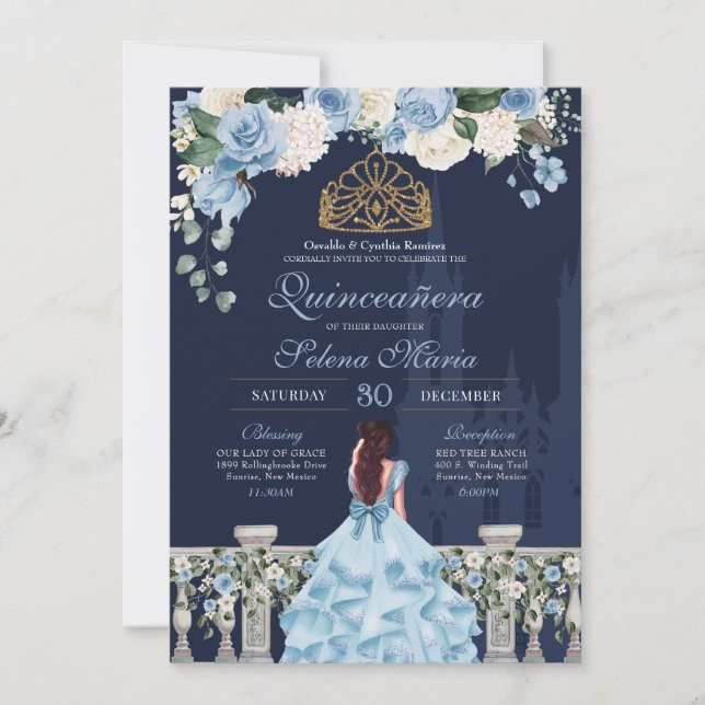 Navy Blue Light Blue Roses Princess Quinceañera Invitation (Front)