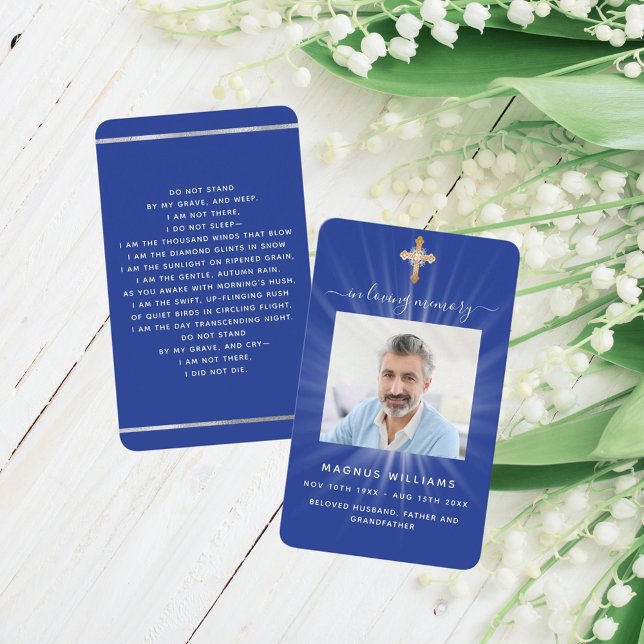 Navy blue light photo cross funeral prayer card (Creator Uploaded)