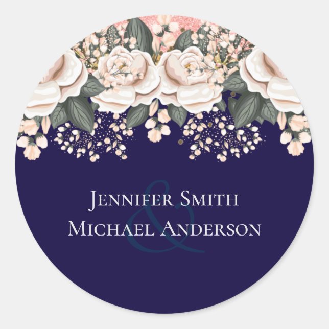 Navy Blue Light Pink Floral Wedding Budget Classic Round Sticker (Front)