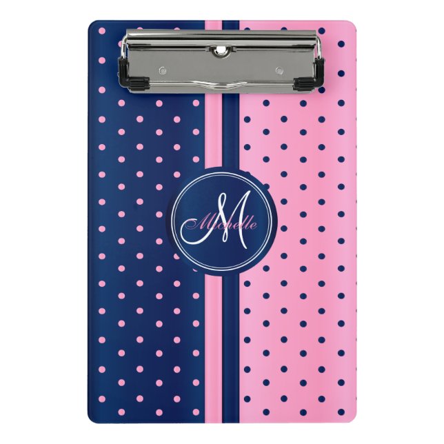 Navy Blue & Light Pink Polka Dots - Monogram Mini Clipboard (Front)