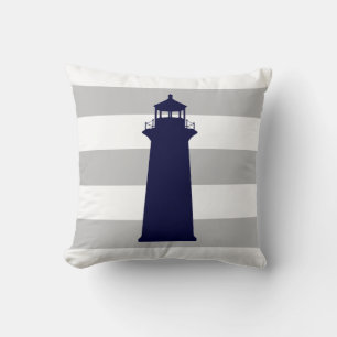 Navy Blue Lighthouse On Grey And White Stripes Cushion