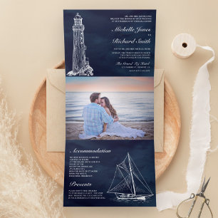 Navy Blue Lighthouse Sailboat Nautical Wedding Tri-Fold Invitation