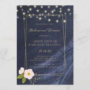Navy Blue Lights Pink Floral Rehearsal Dinner Invitation