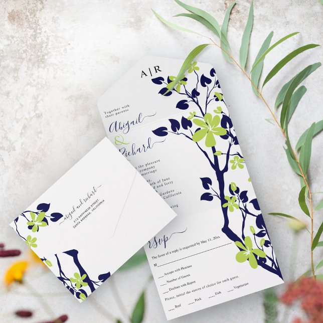 Navy blue, lime green branch with flowers wedding all in one invitation (Creator Uploaded)