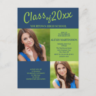 Navy Blue Lime Green Graduation Party Photo Invite Postcard