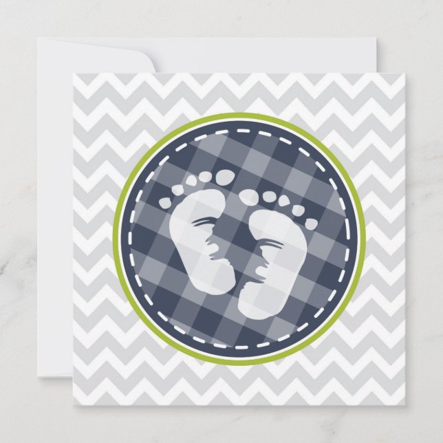 Navy Blue, Lime Green Grey Chevron Baby Shower Invitation (Front)
