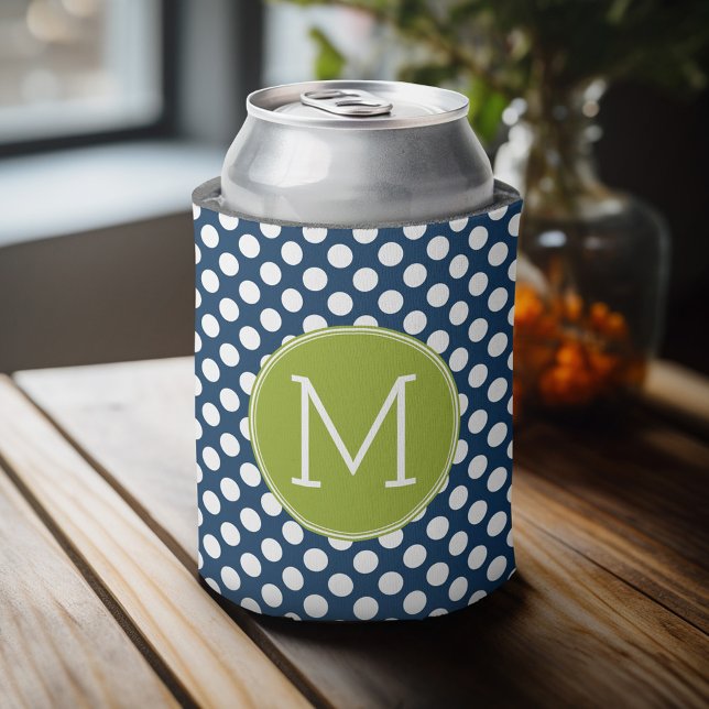 Navy Blue & Lime Green Polka Dots Custom Monogram Can Cooler (Celebrate with a personalized can cooler - add your name or monogram. Great party favor or gift)