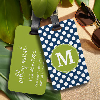Navy Blue & Lime Green Polka Dots Custom Monogram Luggage Tag