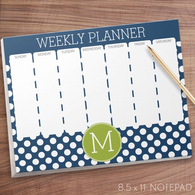 Navy Blue & Lime Green Polka Dots Custom Monogram Notepad (Weekly Planner Notepad)