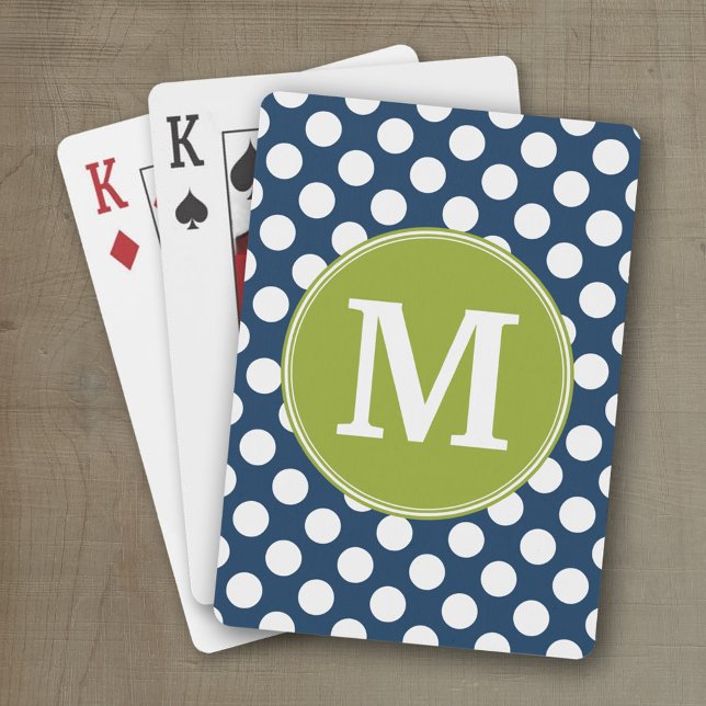 Navy Blue & Lime Green Polka Dots Custom Monogram Playing Cards (Personalized playing cards)